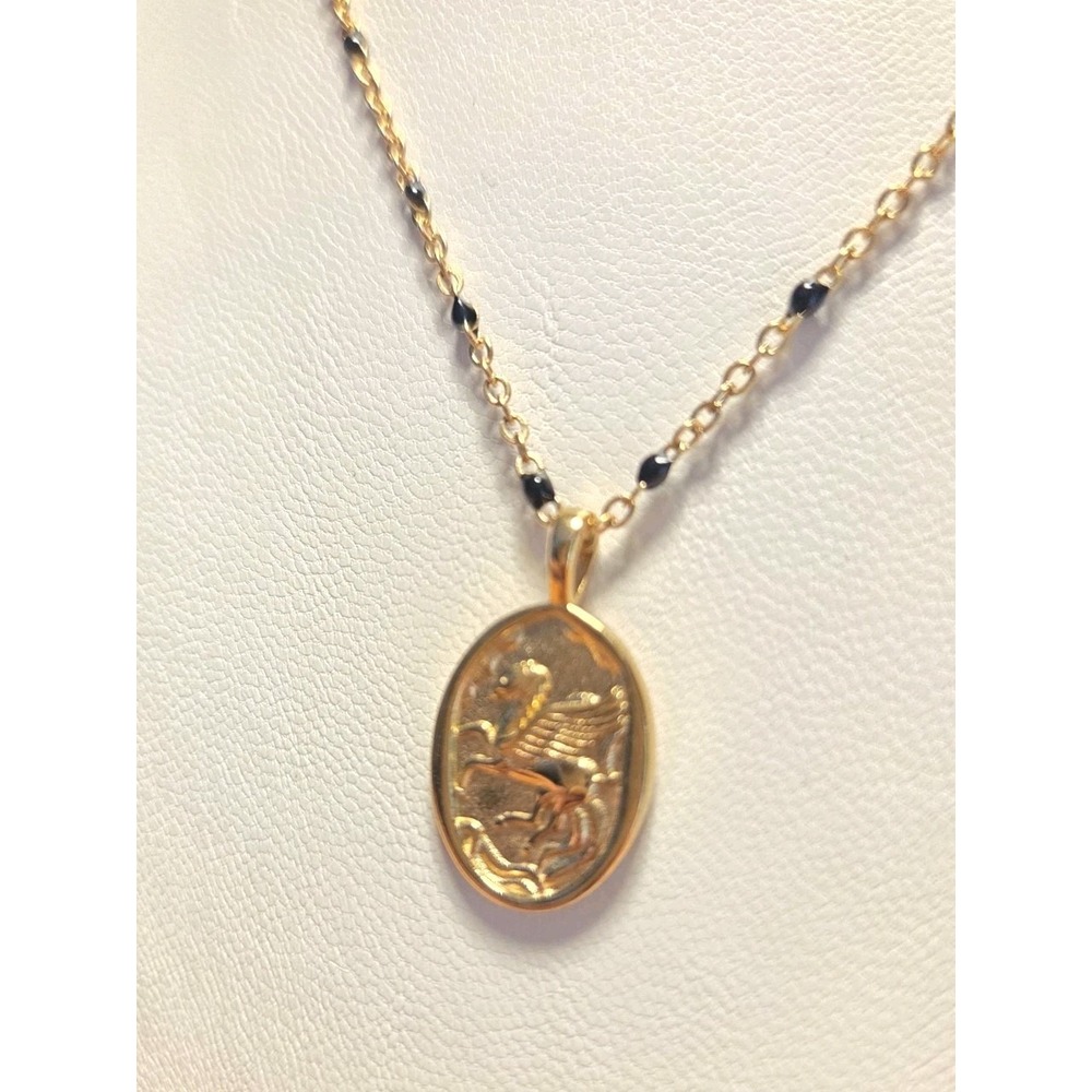 Pegasus Necklace 18k Gold Over Stainless Steel 16" Black Accents On Chain
